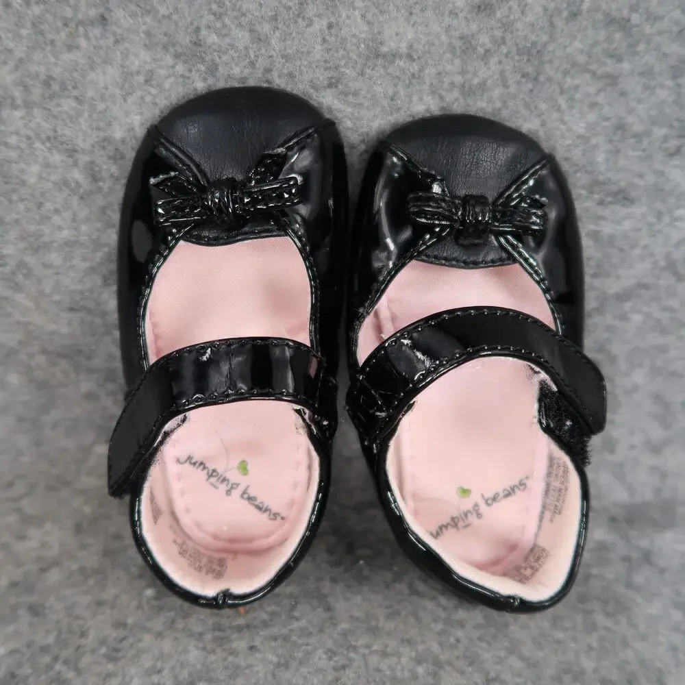 Jumping Beans Shoes Infant 4 Mary Jane Flats Adjustable Strap Black Bow Patent